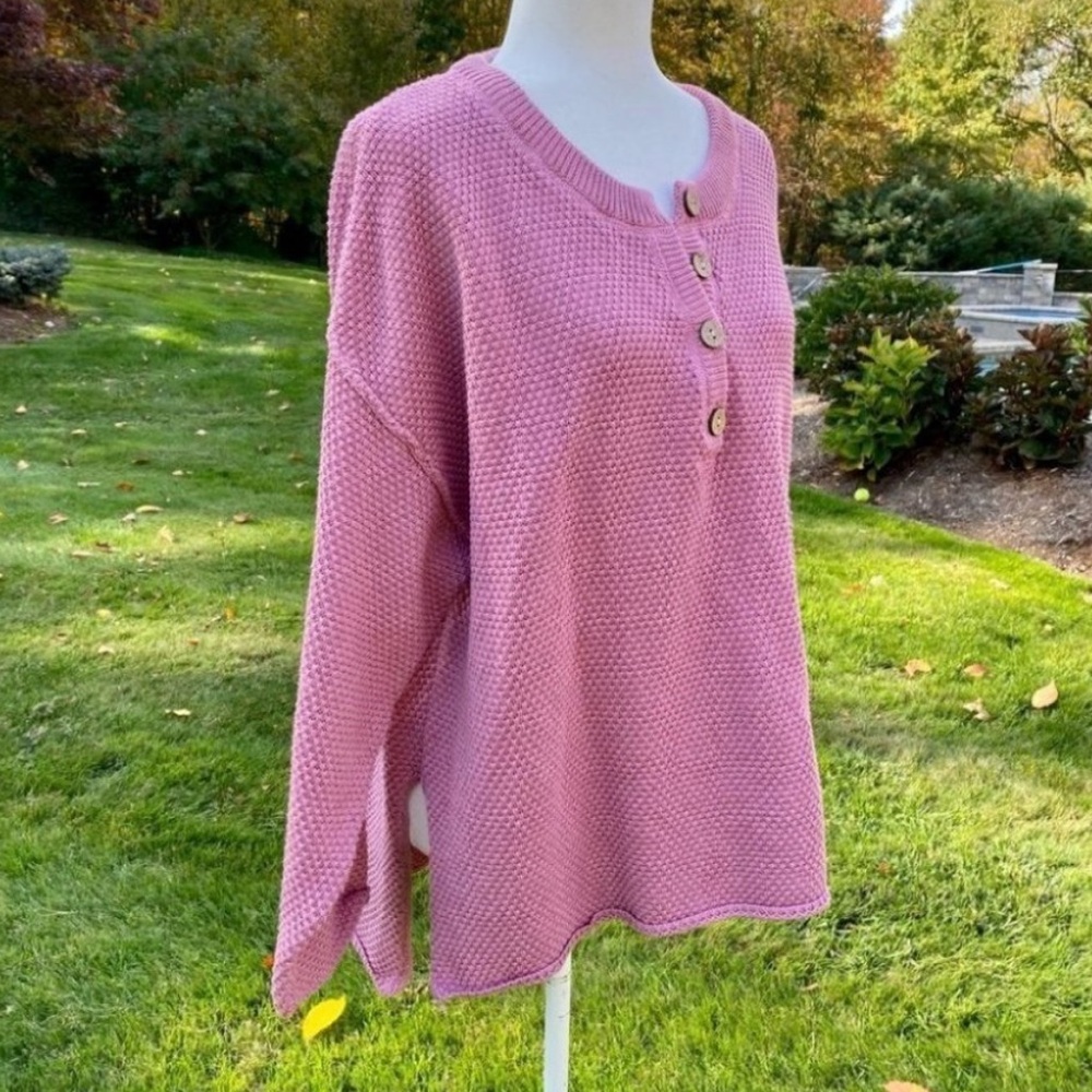 Free People Hailee Sweater Smocked Pink Waffle Knit Henley Pullover